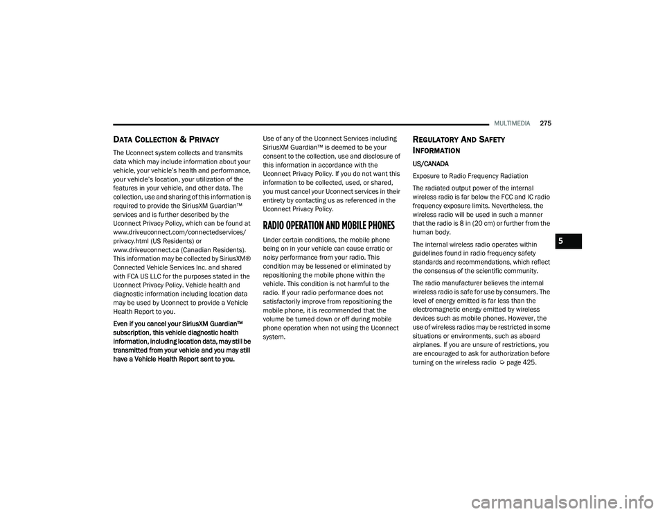JEEP RENEGADE 2022  Owners Manual 5

21_BV_OM_EN_USC_t.book  Page 275   