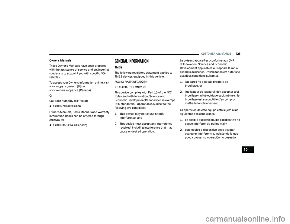 JEEP RENEGADE 2022  Owners Manual 10

21_BV_OM_EN_USC_t.book  Page 425   