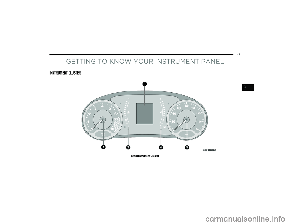 JEEP RENEGADE 2022 Manual PDF GETTING TO KNOW YOUR INSTRUMENT PANE�\f
INSTRUMENT C�\f�����R
Base Instrument Cluster
3

21_BV_OM_EN_USC_t.book  Page 73   