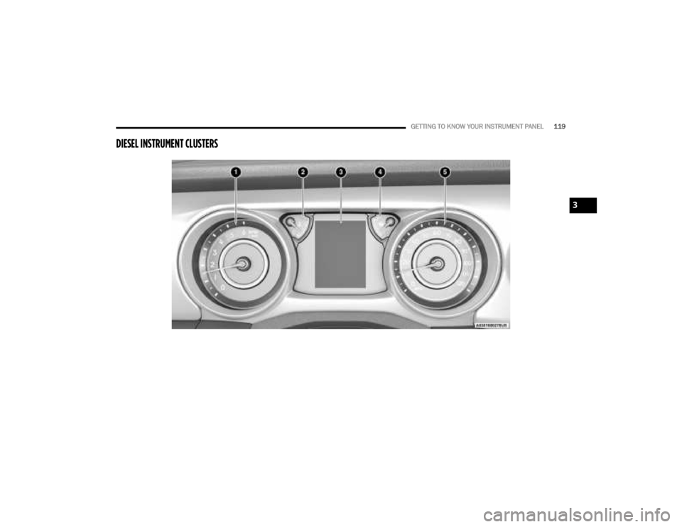 JEEP GLADIATOR 2023 Owners Manual
GETTING TO KNOW YOUR INSTRUMENT PANEL119
DIESEL INSTRUMENT CLUSTERS
3
23_JT_OM_EN_USC_t.book Page 119 JEEP GLADIATOR 2023 Owners Manual
GETTING TO KNOW YOUR INSTRUMENT PANEL119
DIESEL INSTRUMENT CLUSTERS
3
23_JT_OM_EN_USC_t.book Page 119