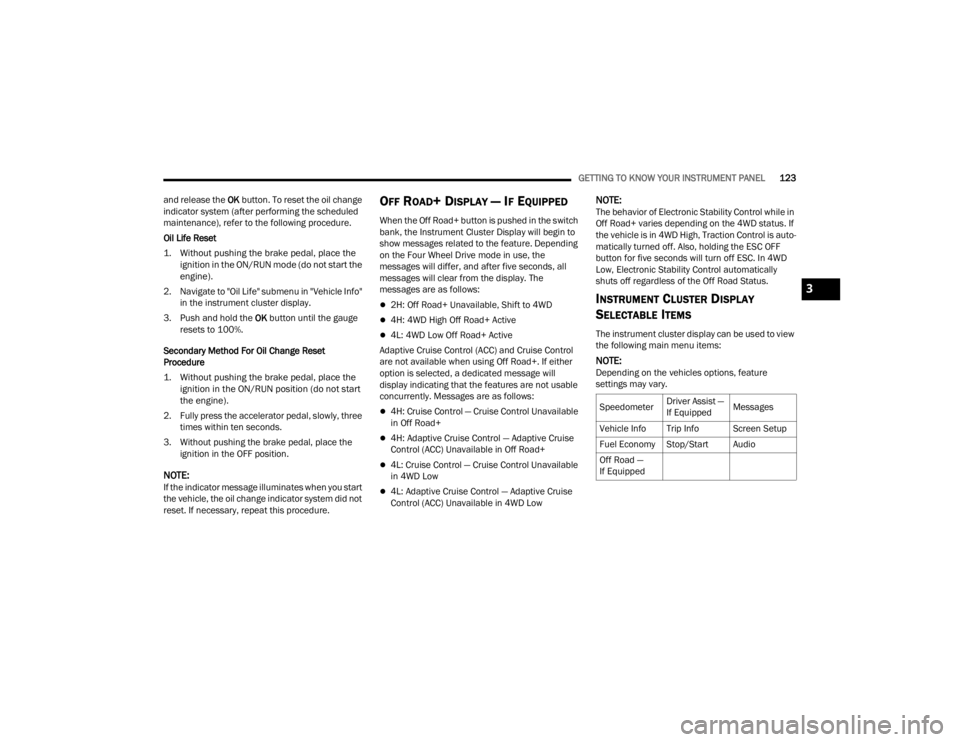 JEEP GLADIATOR 2023  Owners Manual 
GETTING TO KNOW YOUR INSTRUMENT PANEL123
and release the  OK button. To reset the oil change 
indicator system (after performing the scheduled 
maintenance), refer to the following procedure.
Oil Lif