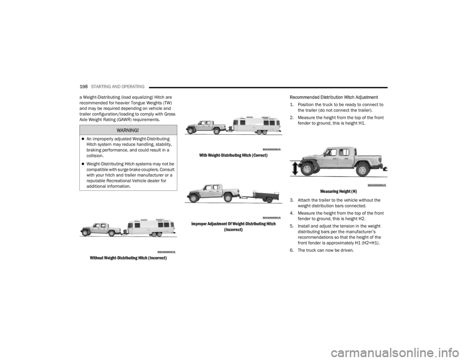 JEEP GLADIATOR 2023 Owners Manual
198STARTING AND OPERATING
a Weight-Distributing (load equalizing) Hitch are
recommended for heavier Tongue Weights (TW)
and may be required depending on vehicle and
trailer configuration/loading JEEP GLADIATOR 2023 Owners Manual
198STARTING AND OPERATING
a Weight-Distributing (load equalizing) Hitch are
recommended for heavier Tongue Weights (TW)
and may be required depending on vehicle and
trailer configuration/loading