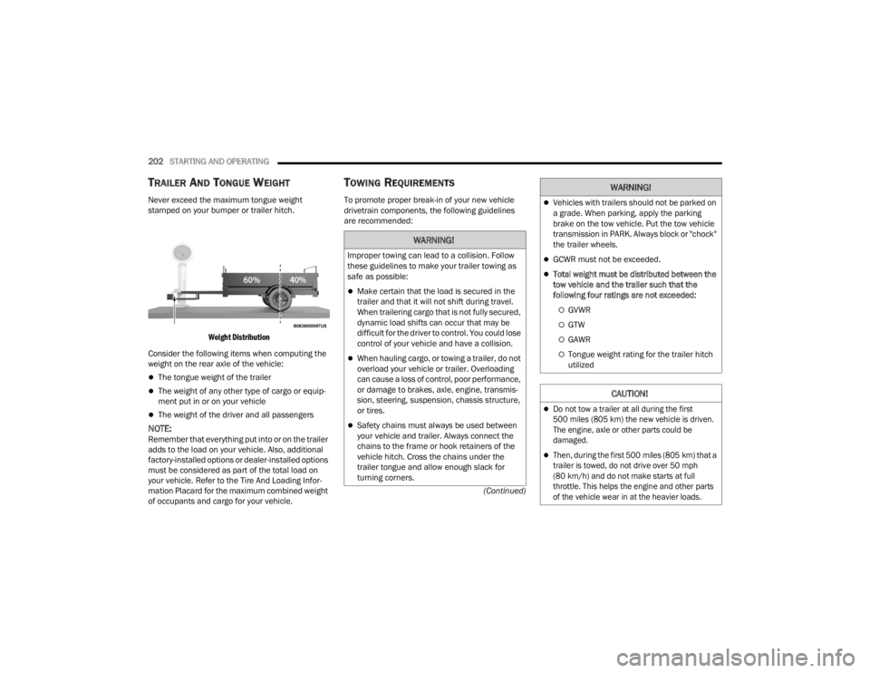 JEEP GLADIATOR 2023 Manual PDF
202STARTING AND OPERATING
(Continued)
TRAILER AND TONGUE WEIGHT
Never exceed the maximum tongue weight
stamped on your bumper or trailer hitch.
Weight Distribution
Consider the following items JEEP GLADIATOR 2023 Manual PDF
202STARTING AND OPERATING
(Continued)
TRAILER AND TONGUE WEIGHT
Never exceed the maximum tongue weight
stamped on your bumper or trailer hitch.
Weight Distribution
Consider the following items