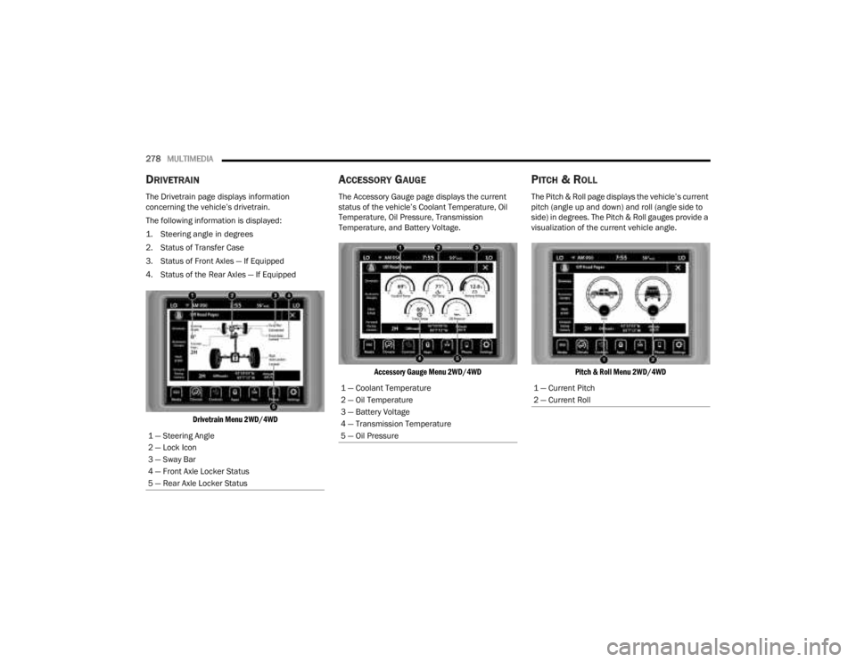 JEEP GLADIATOR 2023  Owners Manual 
278MULTIMEDIA  
DRIVETRAIN
The Drivetrain page displays information 
concerning the vehicle’s drivetrain.
The following information is displayed:

1. Steering angle in degrees

2. Status of Transfe