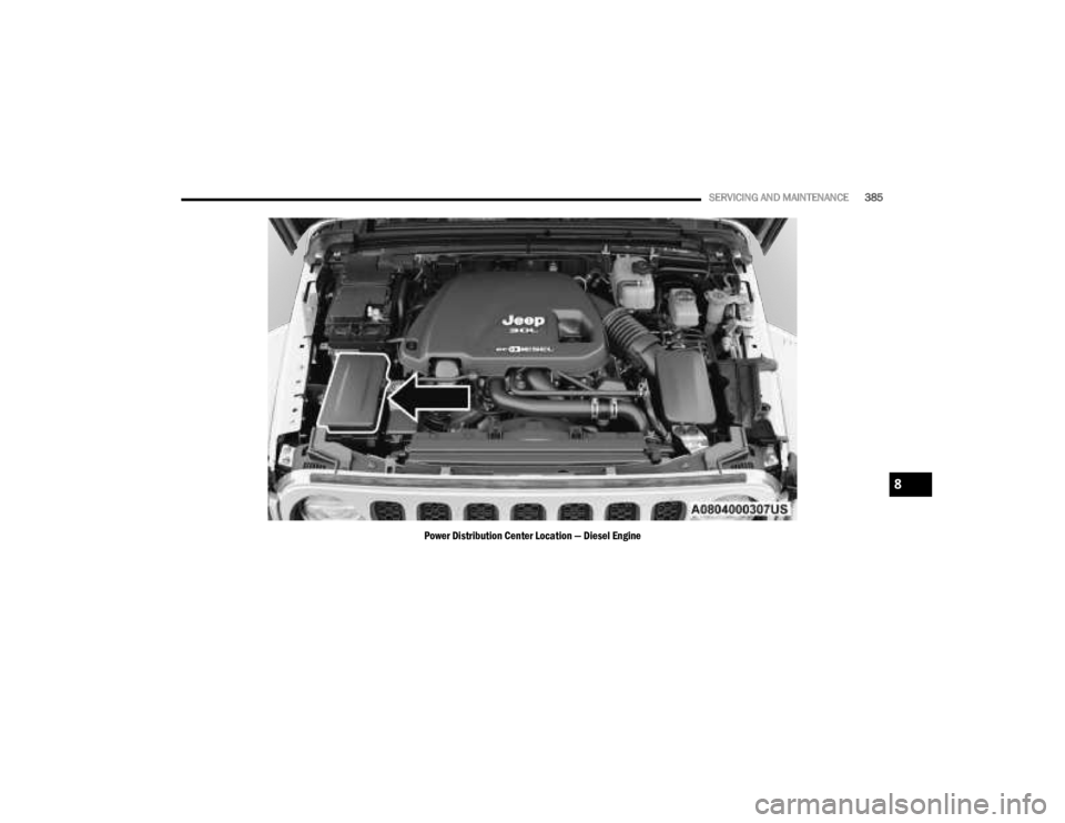JEEP GLADIATOR 2023 Owners Manual
SERVICING AND MAINTENANCE385
Power Distribution Center Location — Diesel Engine
8
23_JT_OM_EN_USC_t.book Page 385 JEEP GLADIATOR 2023 Owners Manual
SERVICING AND MAINTENANCE385
Power Distribution Center Location — Diesel Engine
8
23_JT_OM_EN_USC_t.book Page 385