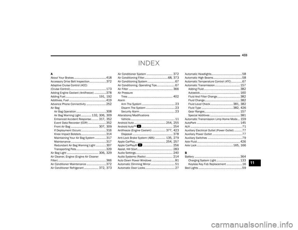 JEEP GLADIATOR 2023  Owners Manual 
433
INDEX
A
About Your Brakes......................................... 418Accessory Drive Belt Inspection..................... 372Adaptive Cruise Control (ACC) 
(Cruise Control)......................