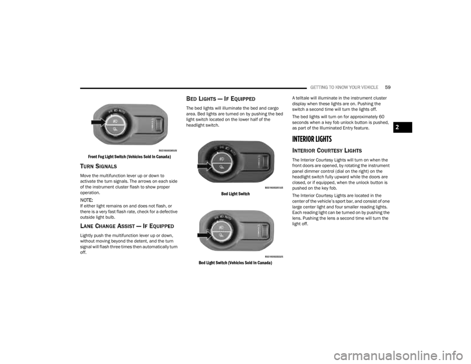 JEEP GLADIATOR 2023  Owners Manual 
GETTING TO KNOW YOUR VEHICLE59

Front Fog Light Switch (Vehicles Sold In Canada)

TURN SIGNALS
Move the multifunction lever up or down to 
activate the turn signals. The arrows on each side 
of the i