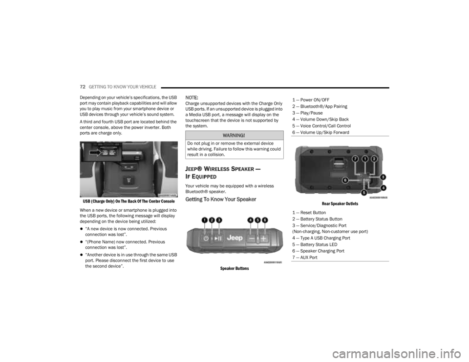 JEEP GLADIATOR 2023 Owners Manual
72GETTING TO KNOW YOUR VEHICLE
Depending on your vehicle’s specifications, the USB
port may contain playback capabilities and will allow
you to play music from your smartphone device or
USB d JEEP GLADIATOR 2023 Owners Manual
72GETTING TO KNOW YOUR VEHICLE
Depending on your vehicle’s specifications, the USB
port may contain playback capabilities and will allow
you to play music from your smartphone device or
USB d