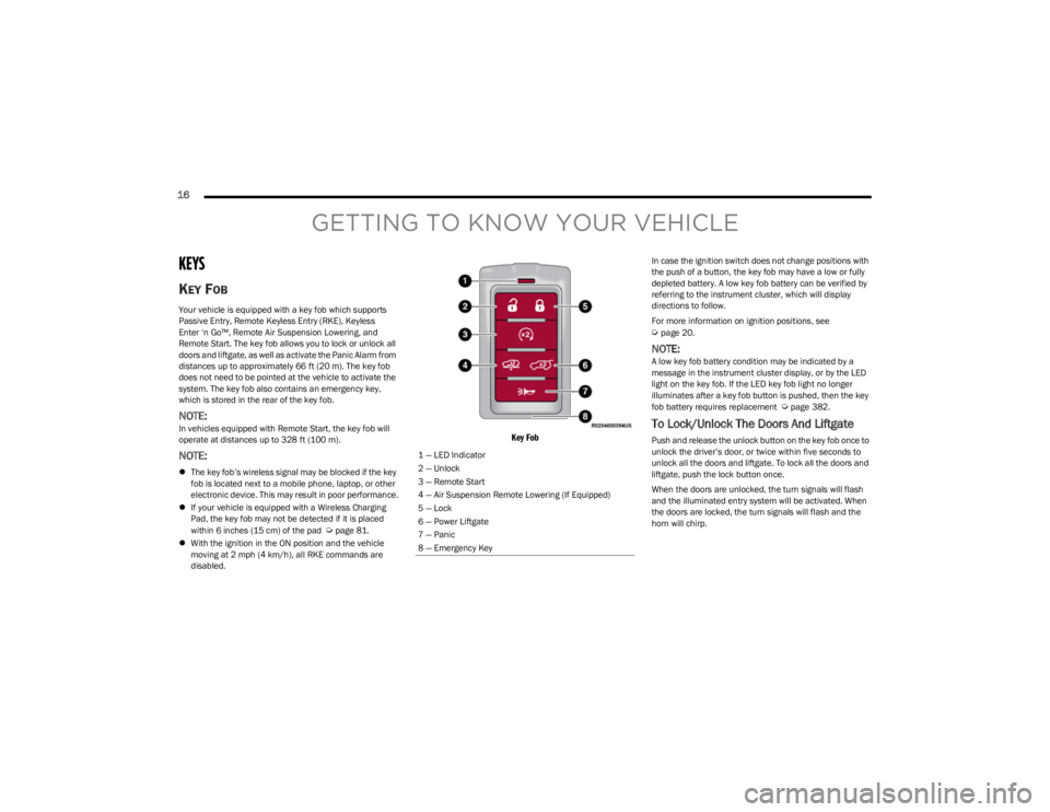JEEP WAGONEER 2023 Owners Manual
16
GETTING TO KNOW YOUR VEHICLE
KEYS
KEY FOB
Your vehicle is equipped with a key fob which supports
Passive Entry, Remote Keyless Entry (RKE), Keyless
Enter ‘n Go™, Remote Air Suspension Lowe JEEP WAGONEER 2023 Owners Manual
16
GETTING TO KNOW YOUR VEHICLE
KEYS
KEY FOB
Your vehicle is equipped with a key fob which supports
Passive Entry, Remote Keyless Entry (RKE), Keyless
Enter ‘n Go™, Remote Air Suspension Lowe
