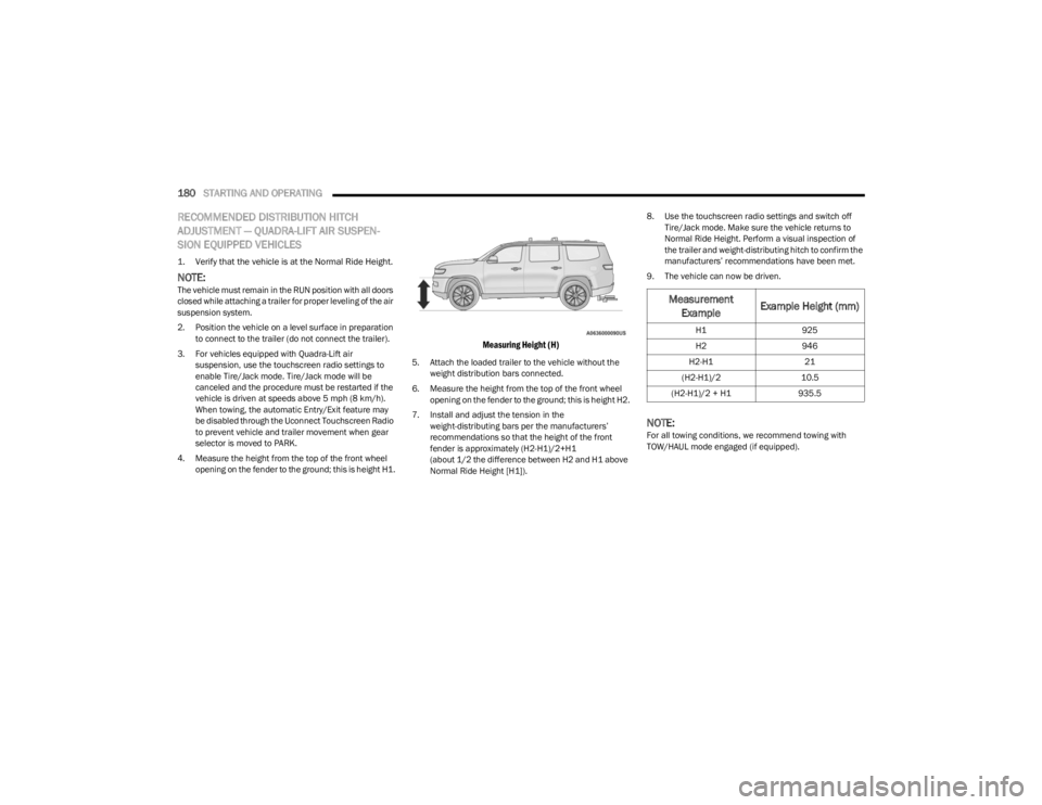 JEEP WAGONEER 2023 Owners Manual
180STARTING AND OPERATING
RECOMMENDED DISTRIBUTION HITCH
ADJUSTMENT — QUADRA-LIFT AIR SUSPEN -
SION EQUIPPED VEHICLES
1. Verify that the vehicle is at the Normal Ride Height.
NOTE:The vehicle JEEP WAGONEER 2023 Owners Manual
180STARTING AND OPERATING
RECOMMENDED DISTRIBUTION HITCH
ADJUSTMENT — QUADRA-LIFT AIR SUSPEN -
SION EQUIPPED VEHICLES
1. Verify that the vehicle is at the Normal Ride Height.
NOTE:The vehicle