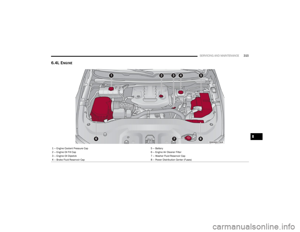 JEEP WAGONEER 2023 User Guide
SERVICING AND MAINTENANCE315
6.4L ENGINE
1 — Engine Coolant Pressure Cap 5 — Battery
2 — Engine Oil Fill Cap 6 — Engine Air Cleaner Filter
3 — Engine Oil Dipstick 7 — Washer Fluid Reservo JEEP WAGONEER 2023 User Guide
SERVICING AND MAINTENANCE315
6.4L ENGINE
1 — Engine Coolant Pressure Cap 5 — Battery
2 — Engine Oil Fill Cap 6 — Engine Air Cleaner Filter
3 — Engine Oil Dipstick 7 — Washer Fluid Reservo