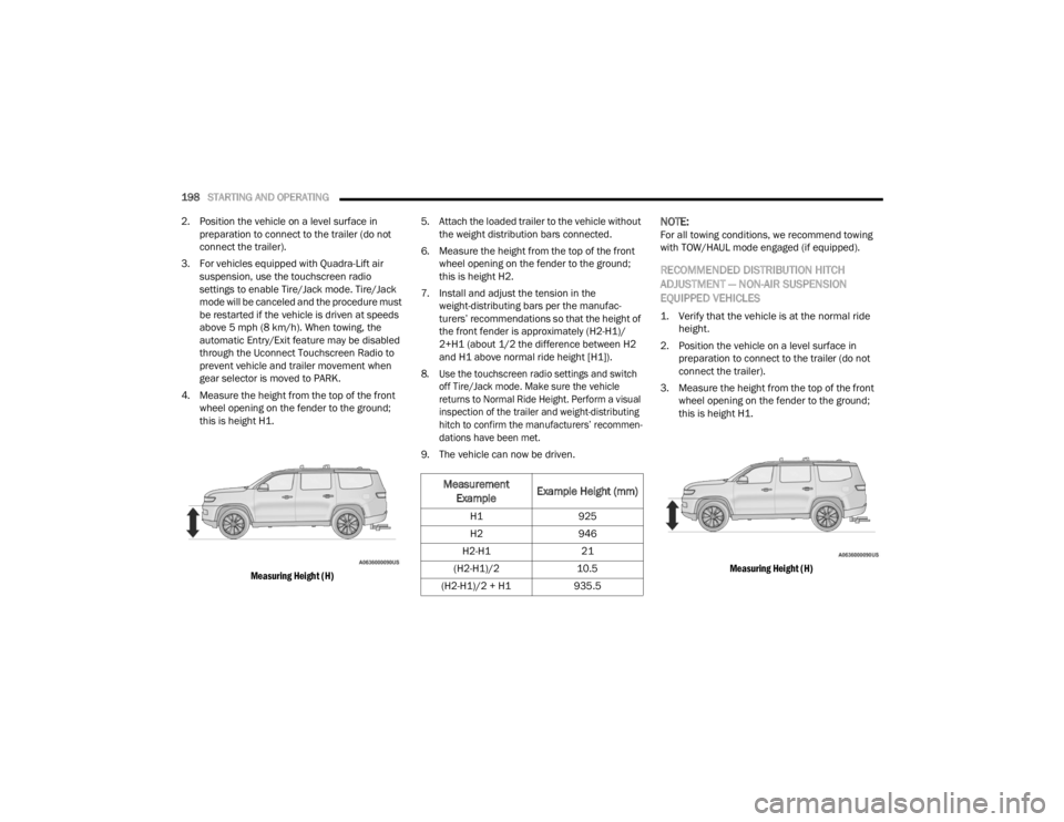 JEEP WAGONEER 2022  Owners Manual 
Measurement Example Example Height (mmyf
H1
925
H2 946
H2-H1 21
(H2-H1yf��2 10.5
(H2-H1yf������+�1 935.5 