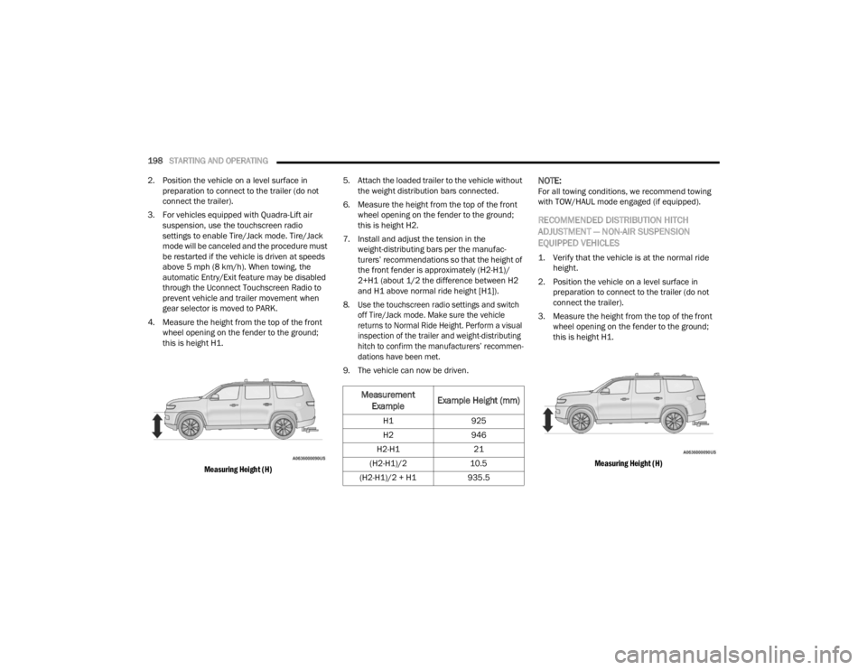 JEEP WAGONEER 2021  Owners Manual 
Measurement Example Example Height (mmyf
H1
925
H2 946
H2-H1 21
(H2-H1yf��2 10.5
(H2-H1yf������+�1 935.5 