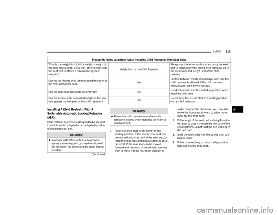 JEEP WAGONEER 2021  Owners Manual W�$�5N�,N�*�
Improper installation or failure to properly 
secure a child restraint can lead to failure of 
the restraint. The child could be badly injured 
or killed.
WARNING!6

22_WS_OM_EN_USC_t