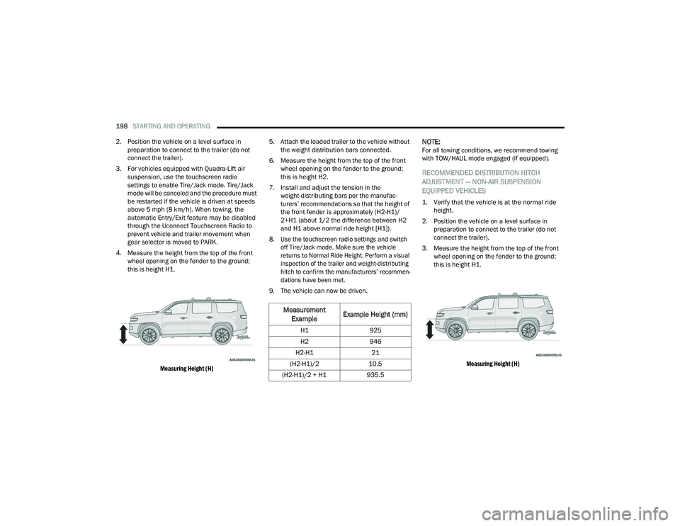 JEEP GRAND WAGONEER 2022  Owners Manual 
Measurement Example Example Height (mmyf
H1
925
H2 946
H2-H1 21
(H2-H1yf��2 10.5
(H2-H1yf������+�1 935.5 