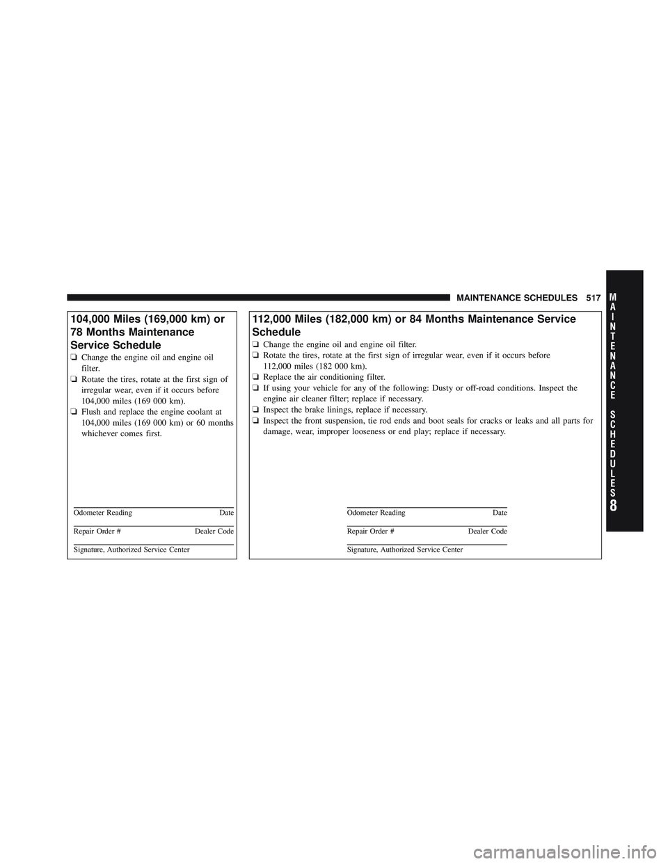 JEEP LIBERTY 2012  Owners Manual 8
MA I
N T
E
N A
N CE
S
C
H E
D
U L
E
SMAINTENANCE SCHEDULES 517 