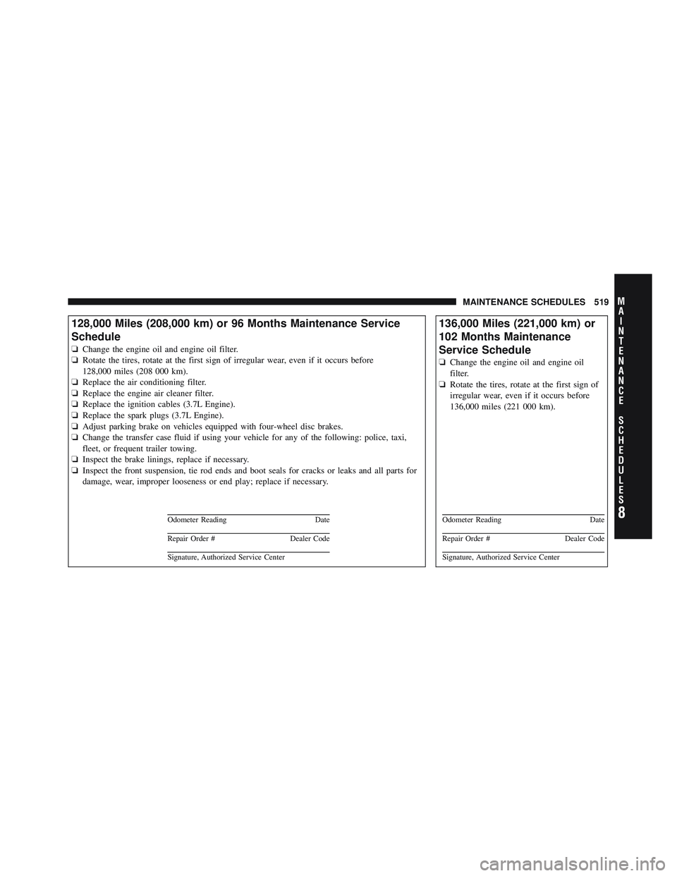 JEEP LIBERTY 2012  Owners Manual 8
MA I
N T
E
N A
N CE
S
C
H E
D
U L
E
SMAINTENANCE SCHEDULES 519 