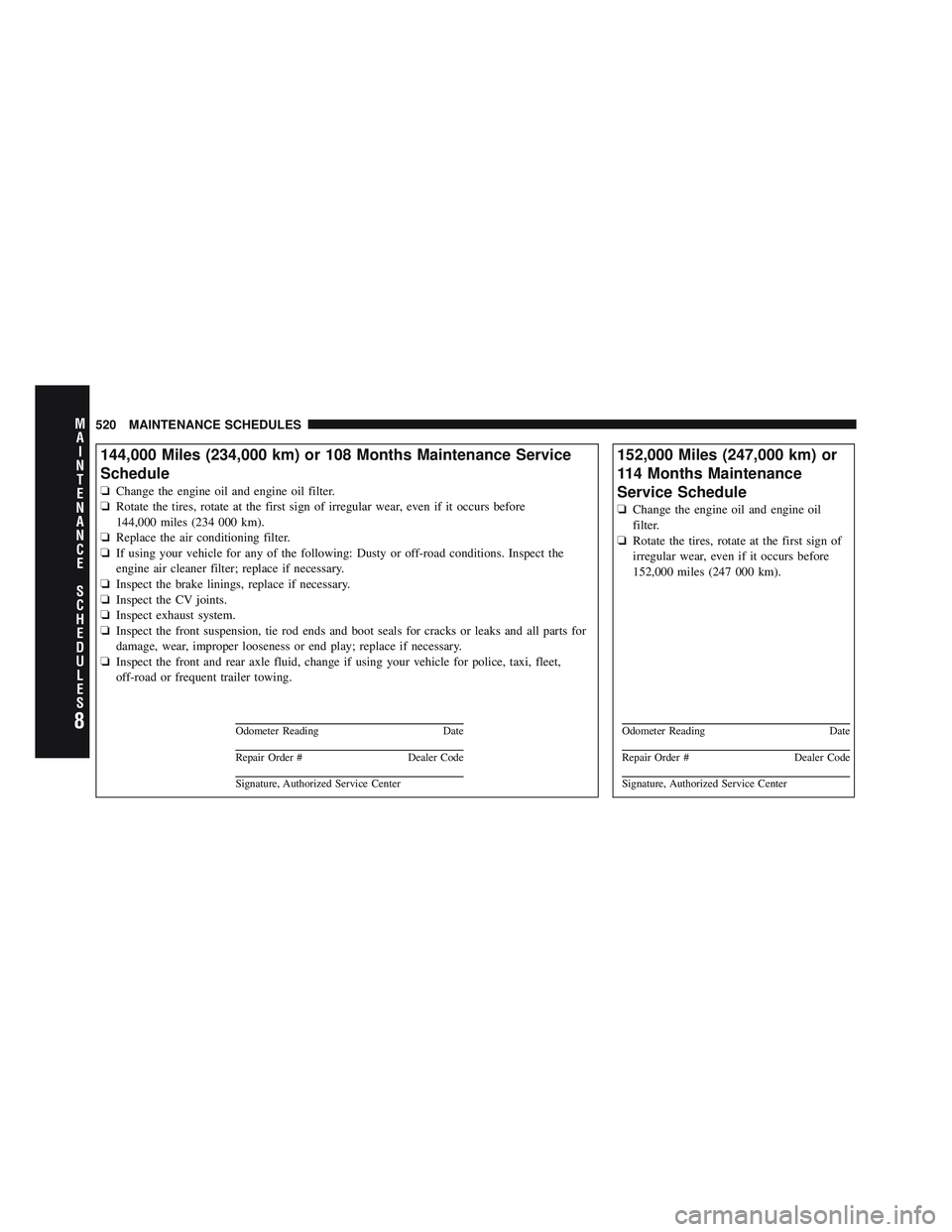 JEEP LIBERTY 2012  Owners Manual 8
MA I
N T
E
N A
N CE
S
C
H E
D
U L
E
S520 MAINTENANCE SCHEDULES 