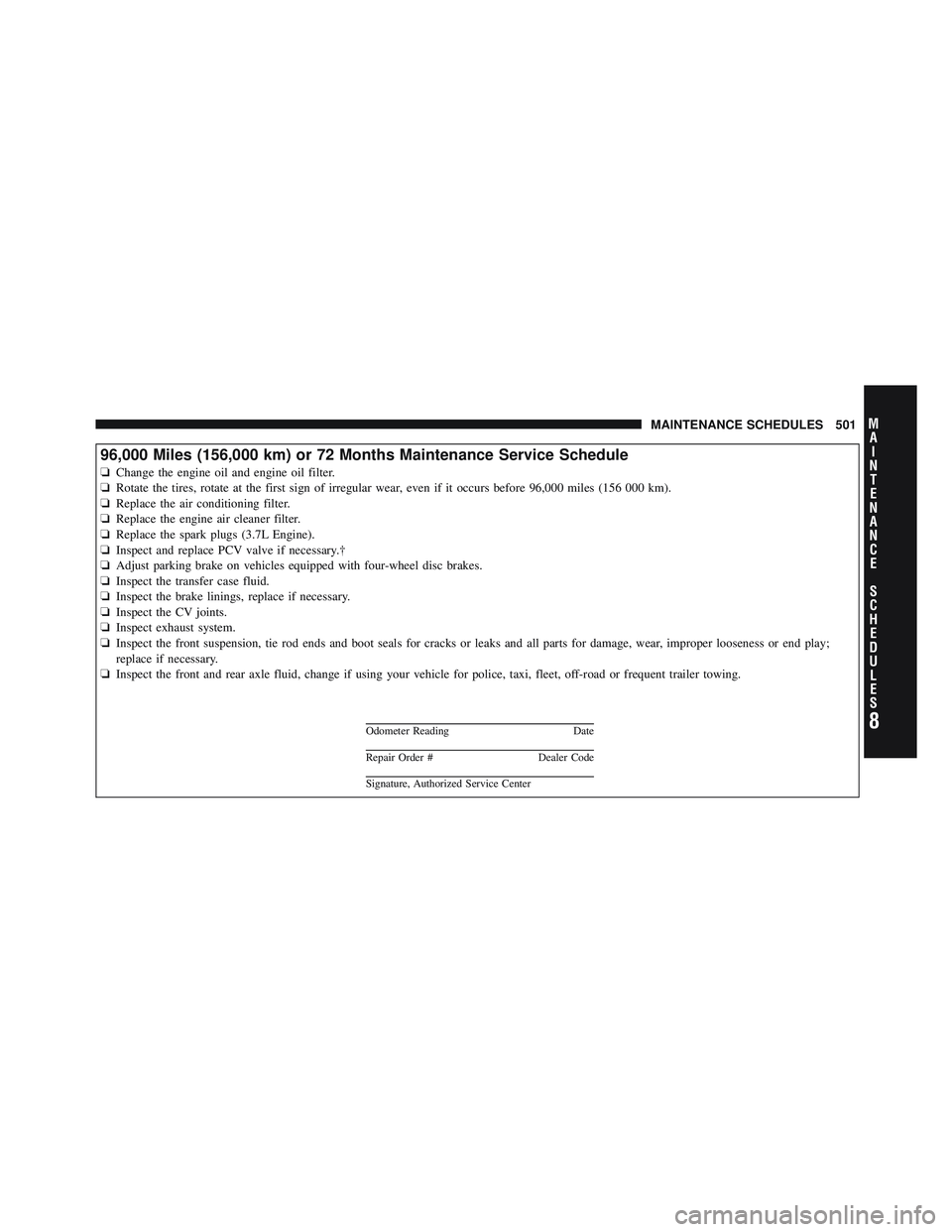 JEEP LIBERTY 2011 Owners Manual 8
MA I
N T
E
N A
N CE
S
C
H E
D
U L
E
SMAINTENANCE SCHEDULES 501 JEEP LIBERTY 2011 Owners Manual 8
MA I
N T
E
N A
N CE
S
C
H E
D
U L
E
SMAINTENANCE SCHEDULES 501