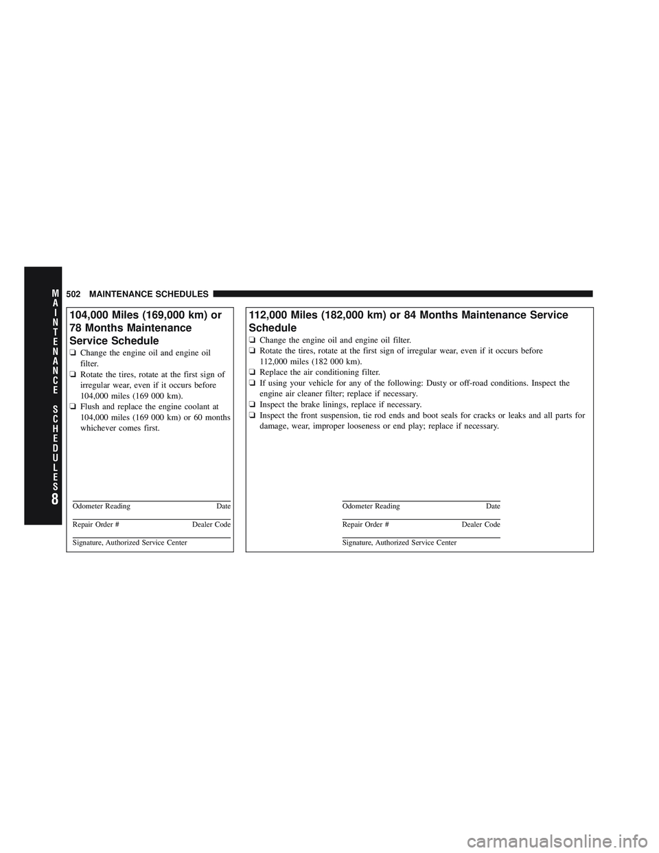 JEEP LIBERTY 2011 Owners Manual 8
MA I
N T
E
N A
N CE
S
C
H E
D
U L
E
S502 MAINTENANCE SCHEDULES JEEP LIBERTY 2011 Owners Manual 8
MA I
N T
E
N A
N CE
S
C
H E
D
U L
E
S502 MAINTENANCE SCHEDULES