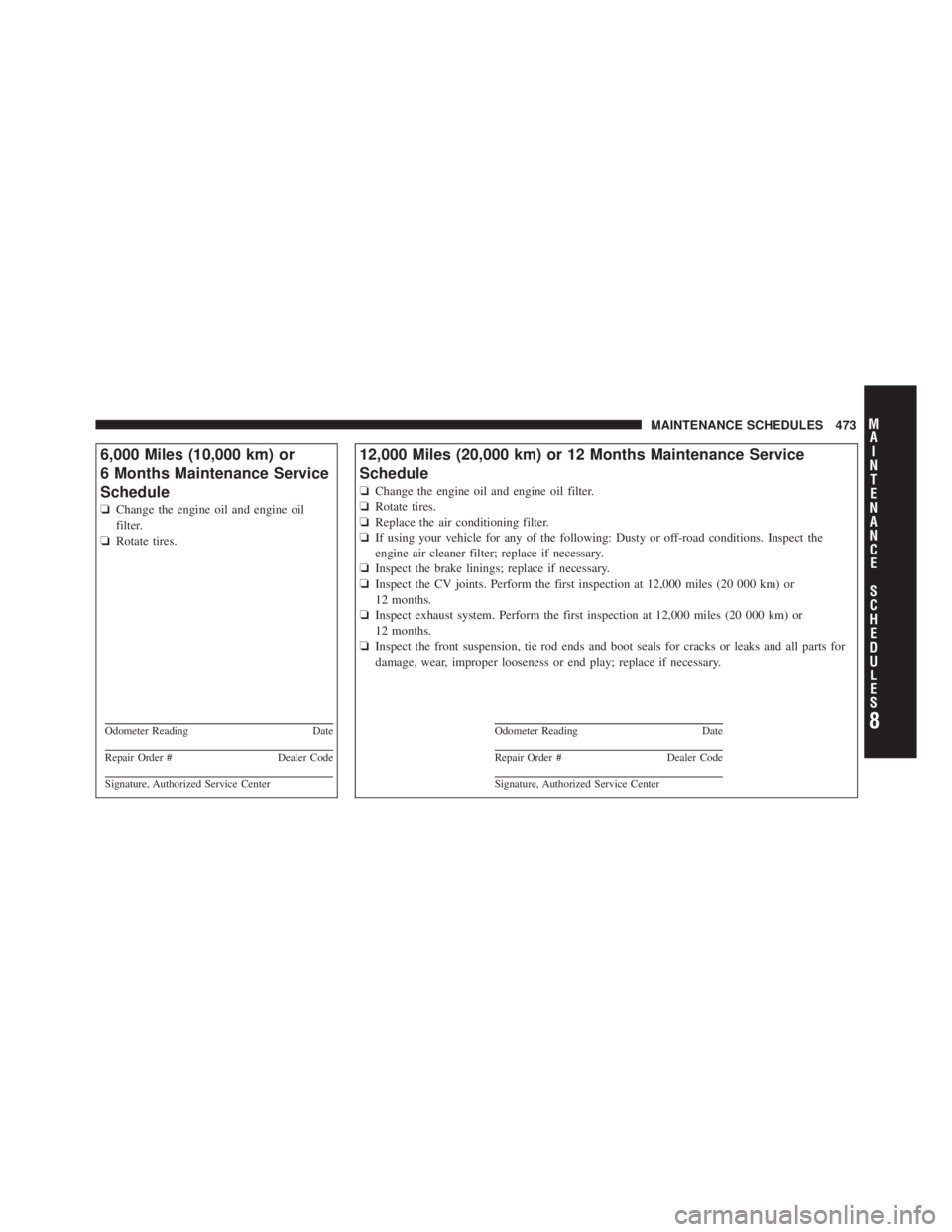 JEEP LIBERTY 2010  Owners Manual 8
MA I
N T
E
N A
N CE
S
C
H E
D
U L
E
SMAINTENANCE SCHEDULES 473 