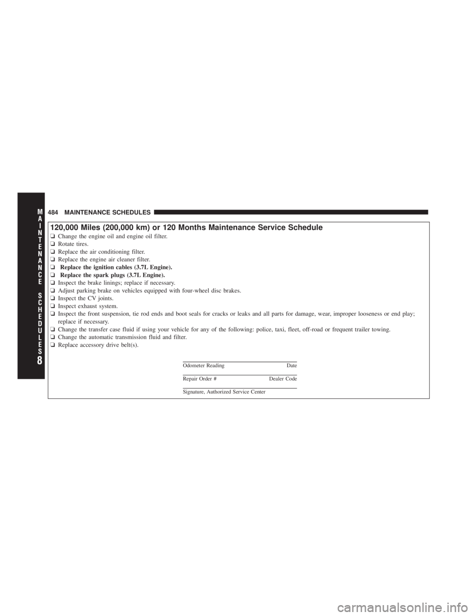 JEEP LIBERTY 2010  Owners Manual 8
MA I
N T
E
N A
N CE
S
C
H E
D
U L
E
S484 MAINTENANCE SCHEDULES 