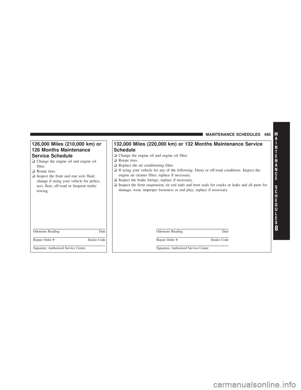 JEEP LIBERTY 2010  Owners Manual 8
MA I
N T
E
N A
N CE
S
C
H E
D
U L
E
SMAINTENANCE SCHEDULES 485 