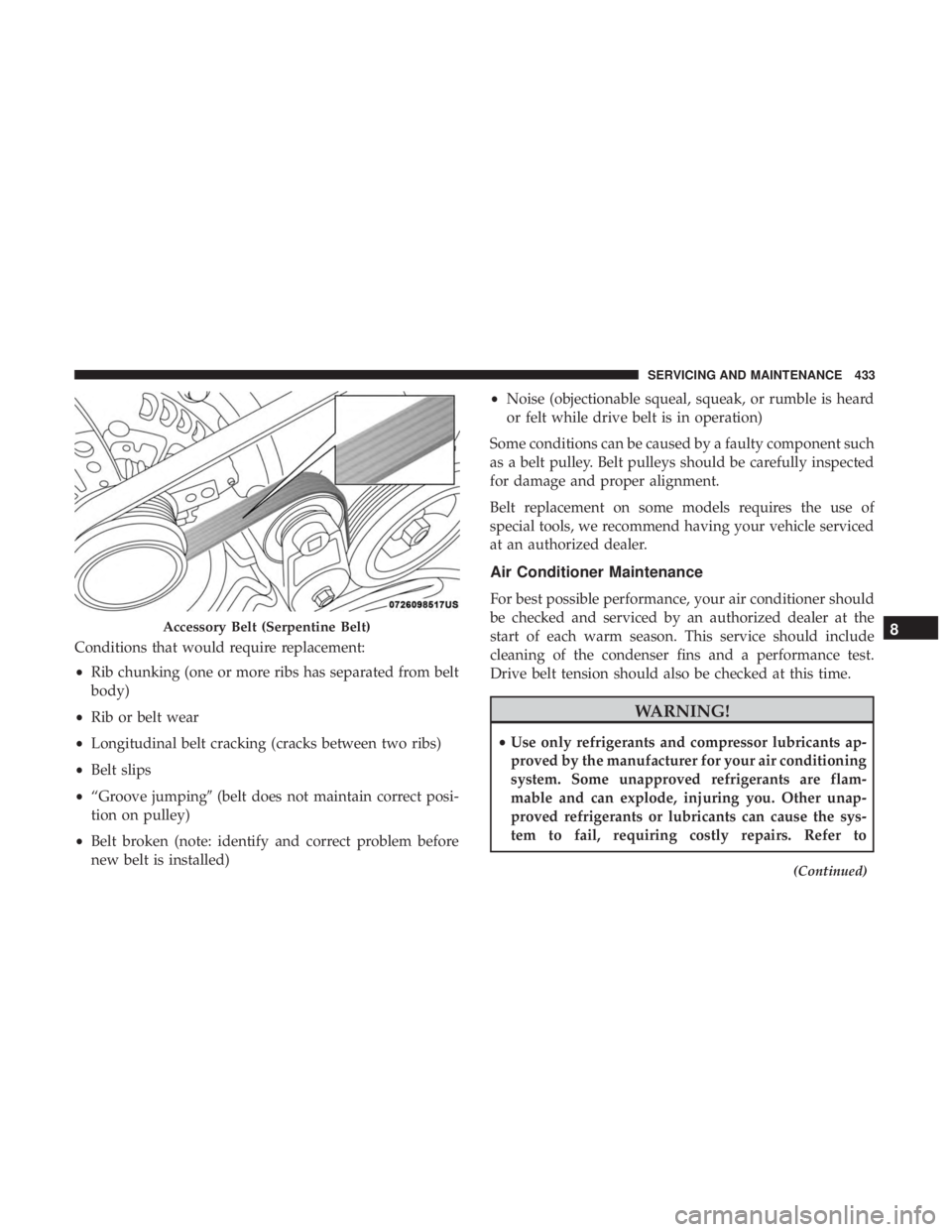 JEEP CHEROKEE TRAILHAWK 2018 Owners Manual Conditions that would require replacement:
•Rib chunking (one or more ribs has separated from belt
body)
• Rib or belt wear
• Longitudinal belt cracking (cracks between two ribs)
• Belt slips
JEEP CHEROKEE TRAILHAWK 2018 Owners Manual Conditions that would require replacement:
•Rib chunking (one or more ribs has separated from belt
body)
• Rib or belt wear
• Longitudinal belt cracking (cracks between two ribs)
• Belt slips