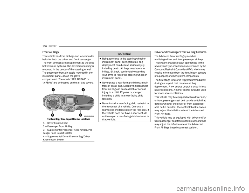 JEEP CHEROKEE TRAILHAWK 2020  Owners Manual �:�$�5�1�,�1�*�
Being too close to the steering wheel or 
instrument panel during front air bag 
deployment could cause serious injury, 
including death. Air bags need room to 
inflate. Sit back, 
