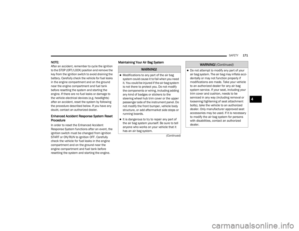 JEEP CHEROKEE TRAILHAWK 2020  Owners Manual �:�$�5�1�,�1�*�
Modifications to any part of the air bag 
system could cause it to fail when you need 
it. You could be injured if the air bag system 
is not there to protect you. Do not modify 
t