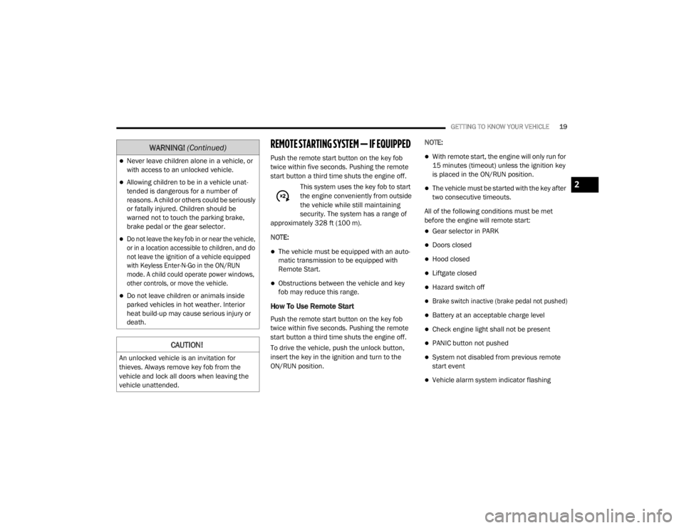 JEEP CHEROKEE TRAILHAWK 2020 Owners Manual �:�$�5�1�,�1�*� (Continuedyf
2

20_KL_OM_EN_USC_t.book  Page 19   