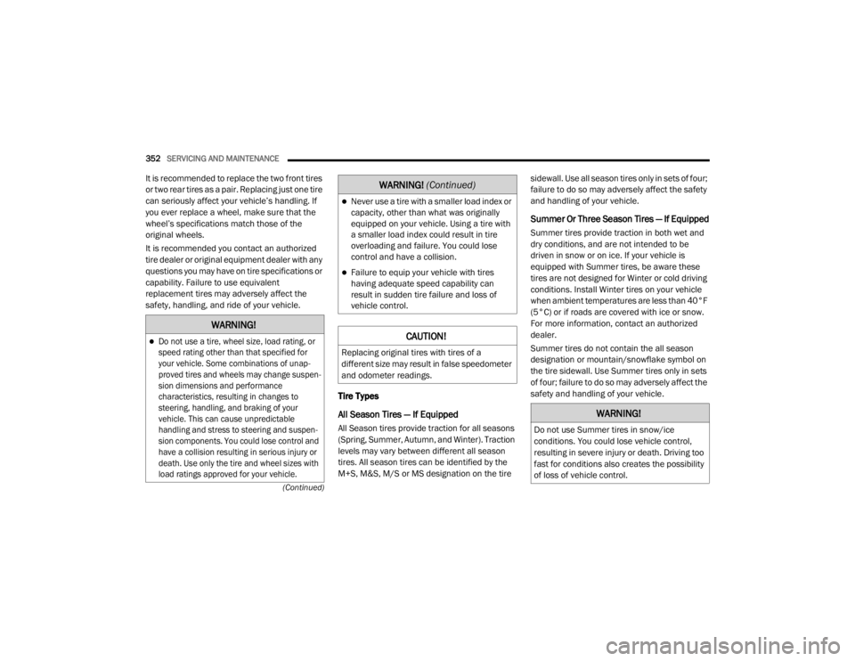 JEEP CHEROKEE TRAILHAWK 2020  Owners Manual �:�$�5�1�,�1�*�

Do not use a tire, wheel size, load rating, or 
speed rating other than that specified for 
your vehicle. Some combinations of unap-
proved tires and wheels may change suspen -
si