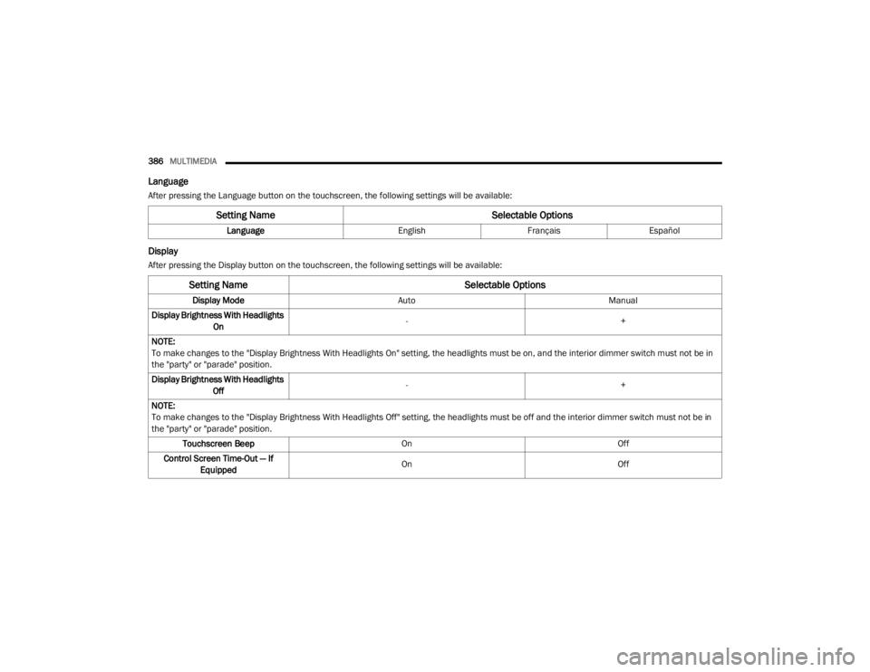JEEP CHEROKEE TRAILHAWK 2020  Owners Manual �6�H�W�W�L�Q�J��1�D�P�H�6�H�O�H�F�W�D�E�O�H��2�S�W�L�R�Q�V
��L�V�S�O�D�\��0�R�G�H�$�X�W�R �0�D�Q�X�D�O
��L�V�S�O�D�\��%�U�L�J�K�W�Q�H�V�V��:�L�W�K��+�H�D�G�O�L�J�K�W�V� �2�Q �
�
�1�2�7�(�
