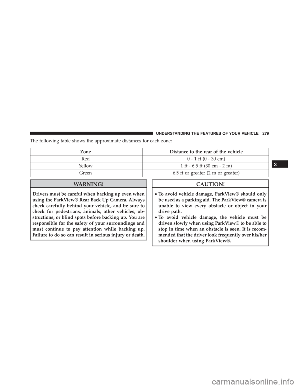 JEEP CHEROKEE LATITUDE 2015  Owners Manual The following table shows the approximate distances for each zone: 