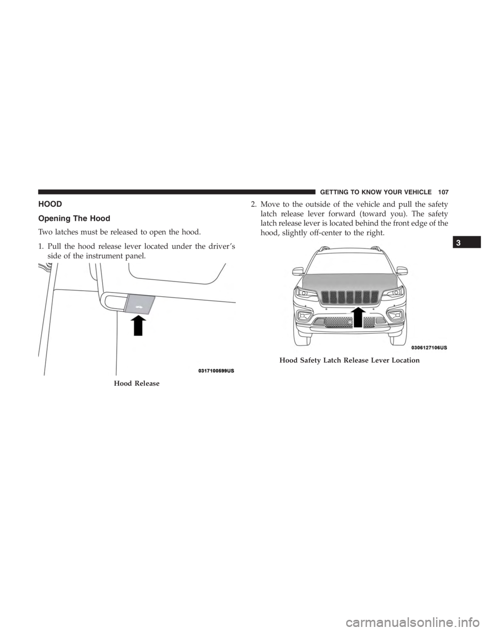 JEEP CHEROKEE TRAILHAWK 2019  Owners Manual Hood Safety Latch Release Lever Location
3
GETTING TO KNOW YOUR VEHICLE 107 