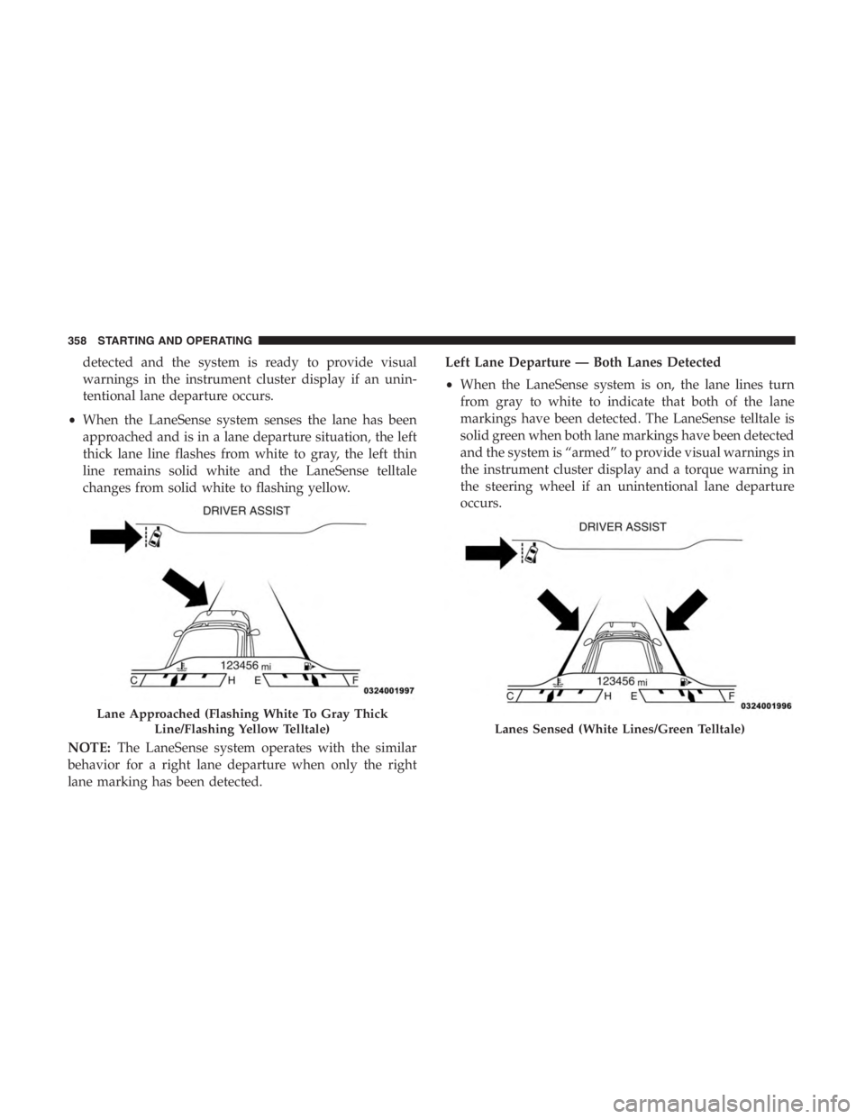 JEEP CHEROKEE TRAILHAWK 2019  Owners Manual Lanes Sensed (White Lines/Green Telltale)
358 STARTING AND OPERATING 