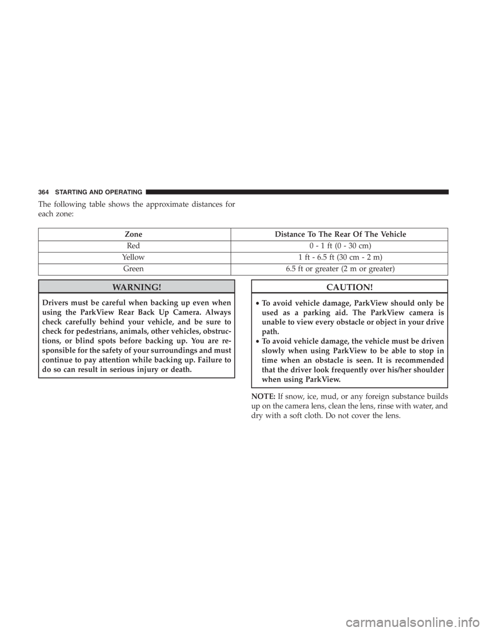 JEEP CHEROKEE TRAILHAWK 2019 Owners Manual The following table shows the approximate distances for
each zone:
CAUTION!
•To avoid vehicle damage, ParkView should only be
used as a parking aid. The ParkView camera is
unable to view every obsta JEEP CHEROKEE TRAILHAWK 2019 Owners Manual The following table shows the approximate distances for
each zone:
CAUTION!
•To avoid vehicle damage, ParkView should only be
used as a parking aid. The ParkView camera is
unable to view every obsta