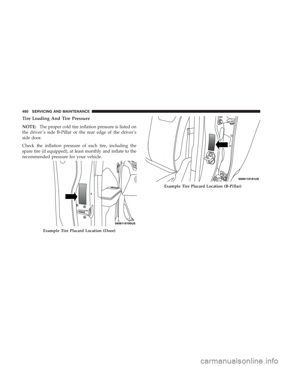 JEEP CHEROKEE TRAILHAWK 2019  Owners Manual Example Tire Placard Location (B-Pillar)
490 SERVICING AND MAINTENANCE 