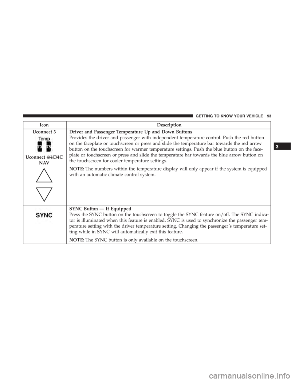 JEEP CHEROKEE TRAILHAWK 2019  Owners Manual Uconnect 4/4C/4CNAV
Driver and Passenger Temperature Up and Down Buttons
Provides the driver and passenger with independent temperature control. Push the red button
on the faceplate or touchscreen or 