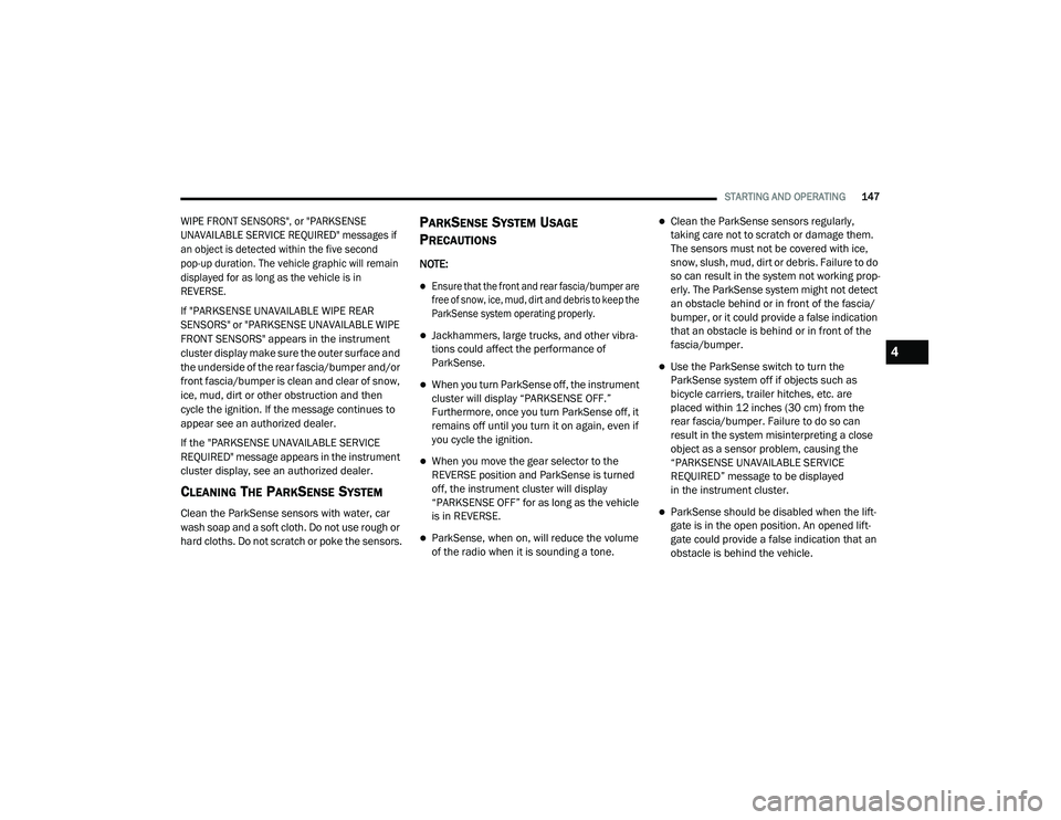 JEEP CHEROKEE LATITUDE LUX 2021  Owners Manual 4

21_KL_OM_EN_USC_t.book  Page 147   