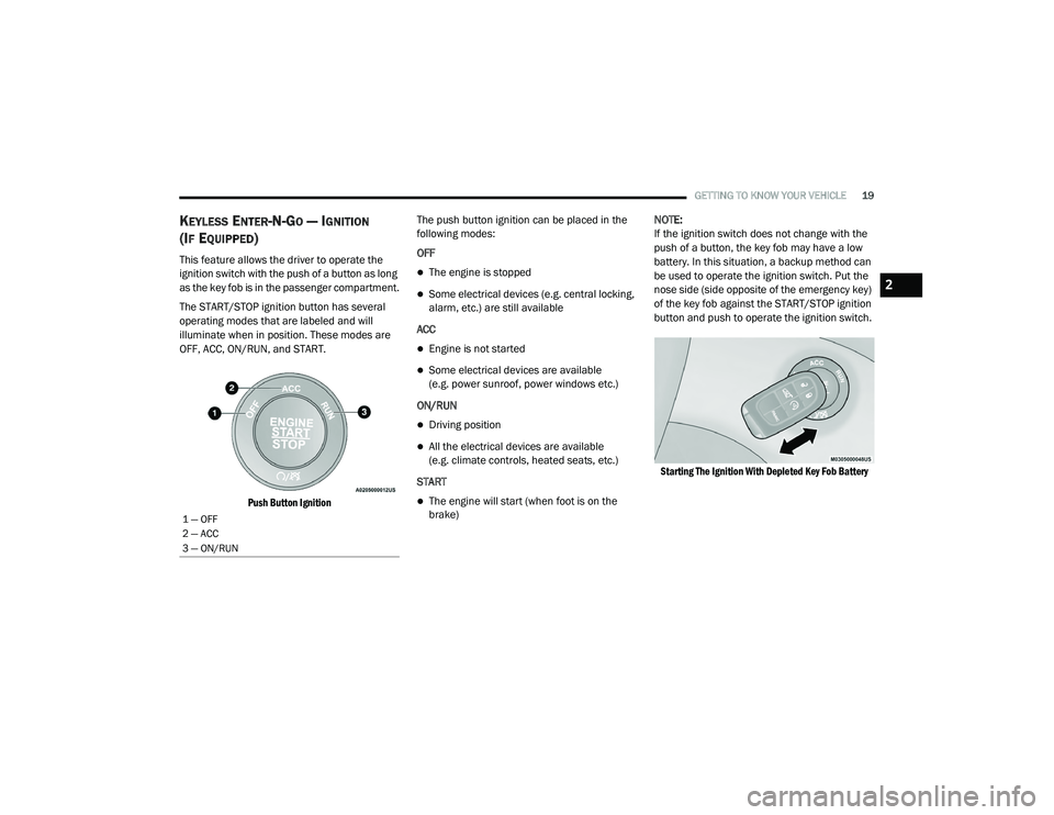 JEEP CHEROKEE LATITUDE LUX 2021 Owners Manual 2

21_KL_OM_EN_USC_t.book  Page 19   