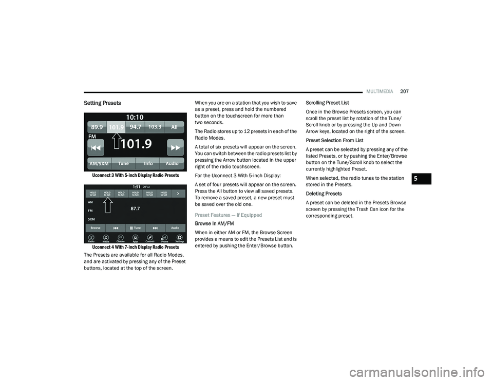 JEEP CHEROKEE LATITUDE LUX 2021  Owners Manual 5

21_KL_OM_EN_USC_t.book  Page 207   