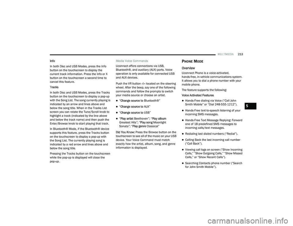 JEEP CHEROKEE LATITUDE LUX 2021  Owners Manual 5

21_KL_OM_EN_USC_t.book  Page 213   