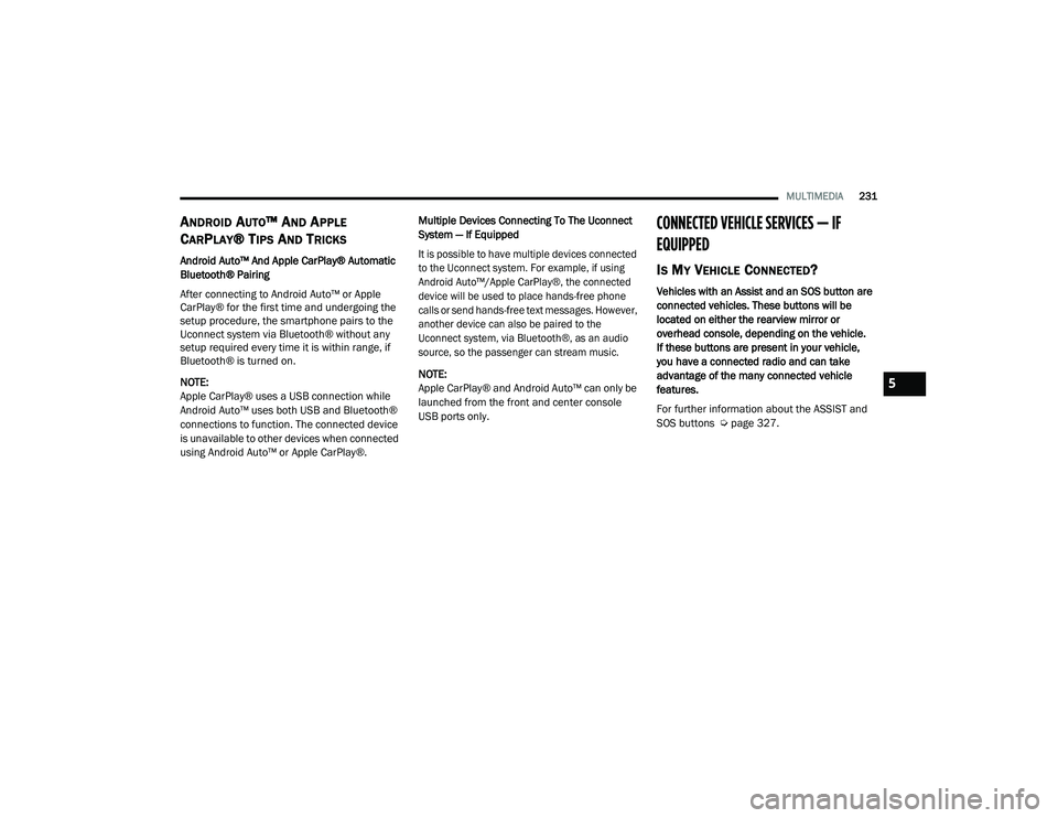 JEEP CHEROKEE LATITUDE LUX 2021  Owners Manual 5

21_KL_OM_EN_USC_t.book  Page 231   