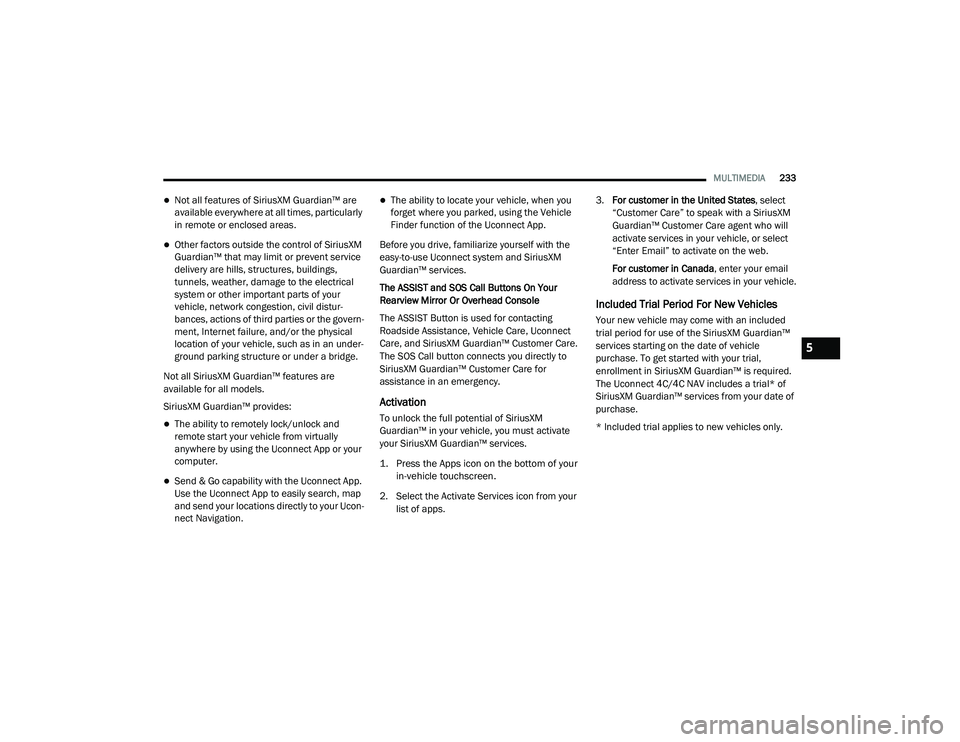 JEEP CHEROKEE LATITUDE LUX 2021  Owners Manual 5

21_KL_OM_EN_USC_t.book  Page 233   
