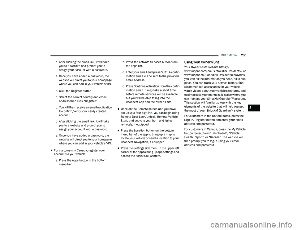 JEEP CHEROKEE LATITUDE LUX 2021  Owners Manual 5

21_KL_OM_EN_USC_t.book  Page 235   