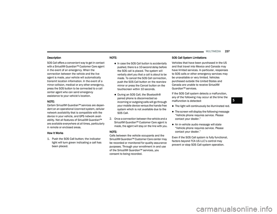 JEEP CHEROKEE LATITUDE LUX 2021  Owners Manual 5

21_KL_OM_EN_USC_t.book  Page 237   