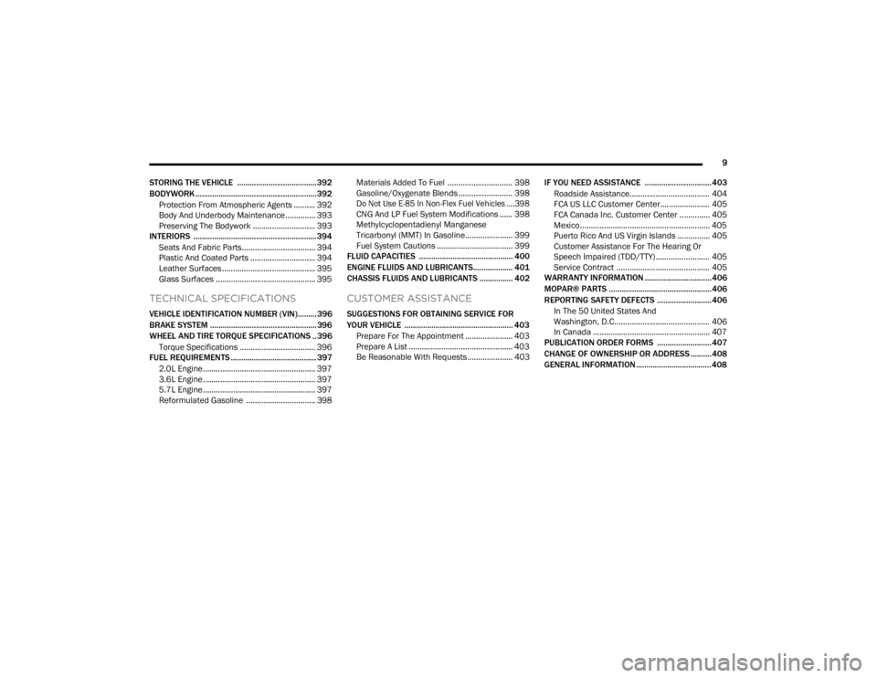 JEEP GRAND CHEROKEE 2023  Owners Manual 
9
STORING THE VEHICLE  ...................................... 392
BODYWORK .......................................................... 392 Protection From Atmospheric Agents .......... 392
Body And Un