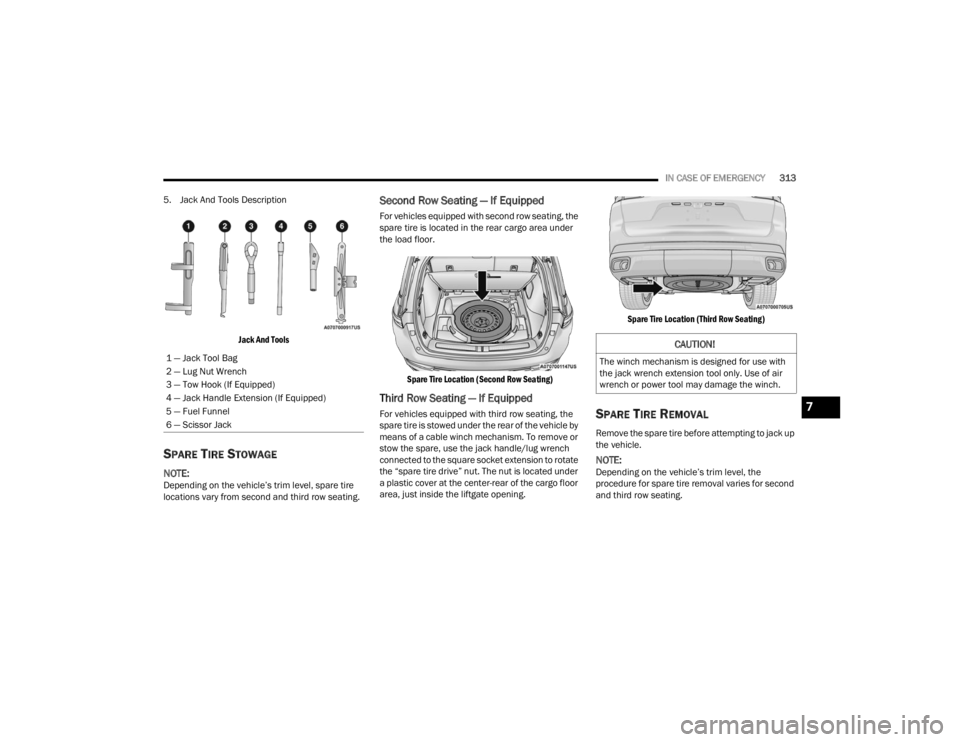JEEP GRAND CHEROKEE 2023 Owners Manual
IN CASE OF EMERGENCY313
5. Jack And Tools Description
Jack And Tools
SPARE TIRE STOWAGE
NOTE:Depending on the vehicle’s trim level, spare tire
locations vary from second and third row seating.
JEEP GRAND CHEROKEE 2023 Owners Manual
IN CASE OF EMERGENCY313
5. Jack And Tools Description
Jack And Tools
SPARE TIRE STOWAGE
NOTE:Depending on the vehicle’s trim level, spare tire
locations vary from second and third row seating.