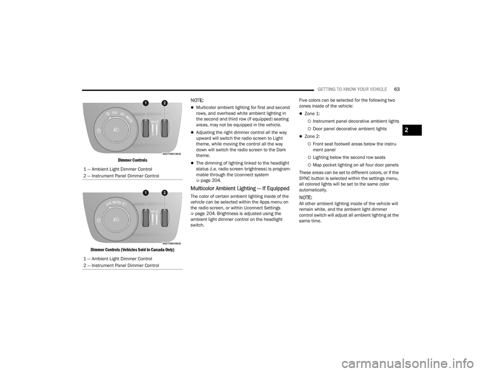 JEEP GRAND CHEROKEE 2023 Repair Manual
GETTING TO KNOW YOUR VEHICLE63
Dimmer Controls
Dimmer Controls (Vehicles Sold In Canada Only)
NOTE:
Multicolor ambient lighting for first and second
rows, and overhead white ambient lighting in JEEP GRAND CHEROKEE 2023 Repair Manual
GETTING TO KNOW YOUR VEHICLE63
Dimmer Controls
Dimmer Controls (Vehicles Sold In Canada Only)
NOTE:
Multicolor ambient lighting for first and second
rows, and overhead white ambient lighting in